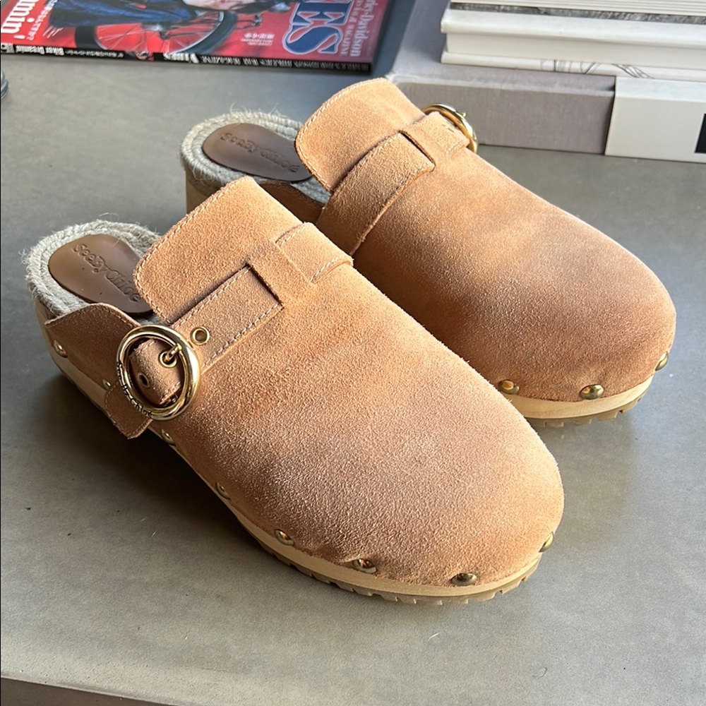 See By Chloe Viviane Tan Suede Mules with Wooden Sole
